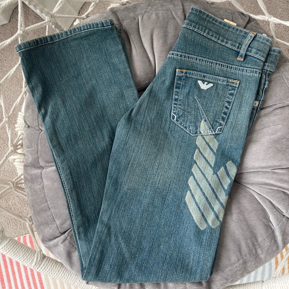 Classic mid-rise, boot leg, designer jeans by Armani Jeans.